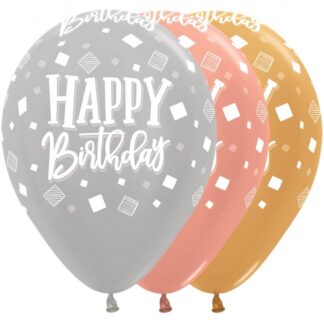 Happy Birthday Squares Metallic Assortment Balloons - 12" Latex (25ct)